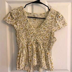 American Eagle Outfitters Floral Smocked Blouse - Cream and Yellow